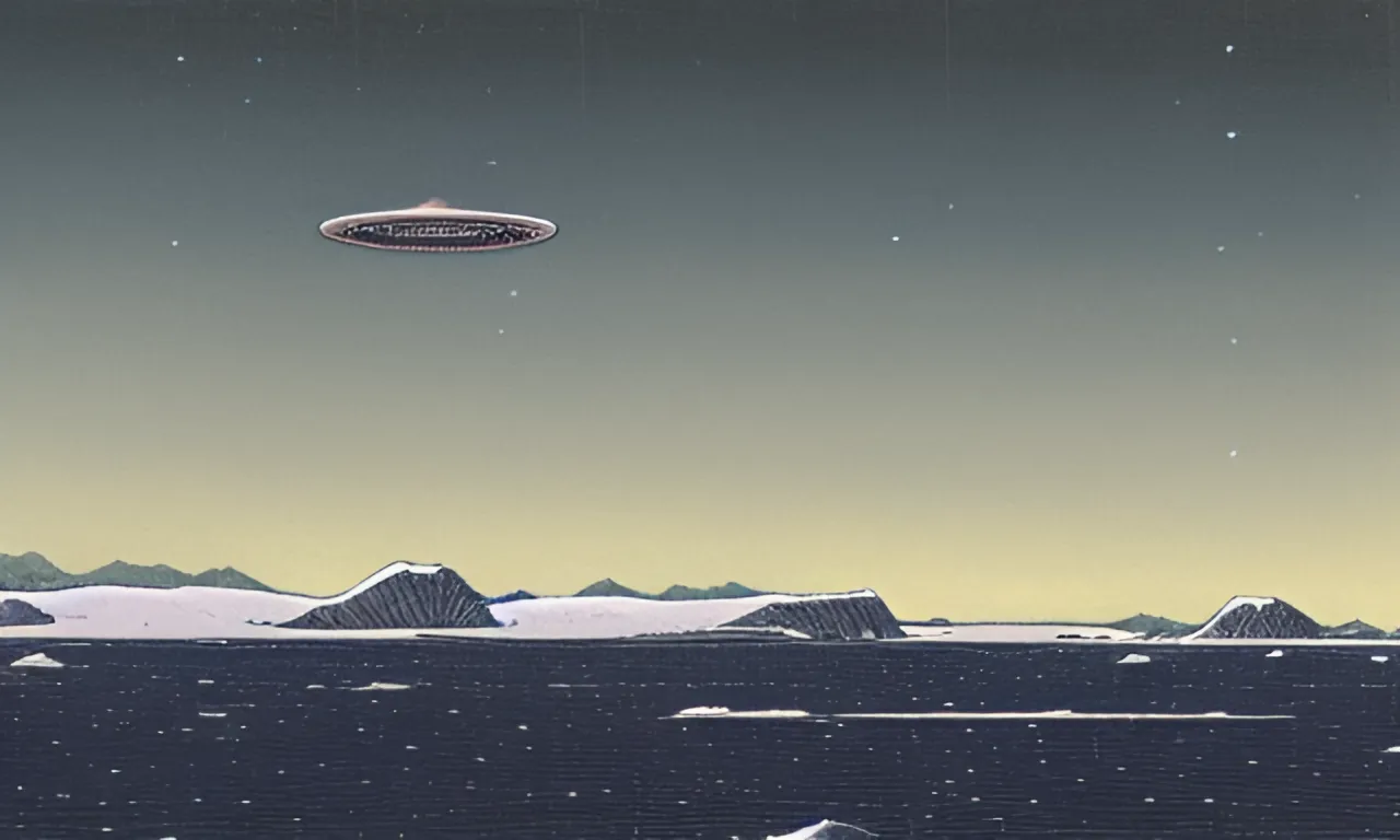 A
Kawase Hasui painting of a UFO in the icy landscape of
Antarctica