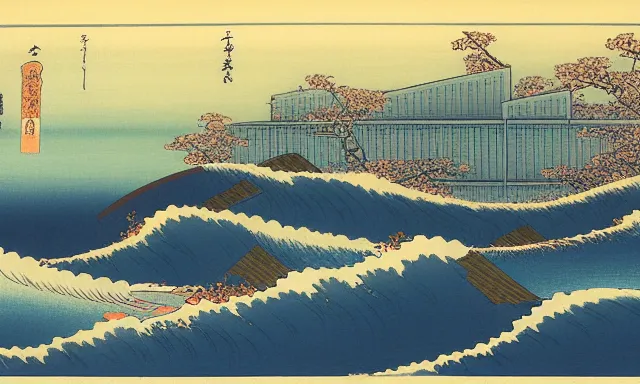 A
generated image of a painting by Katsushika Hokusai of a cyberpunk futuristic
city