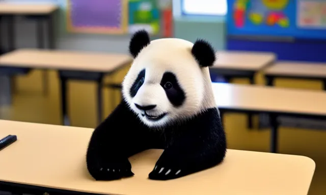 A generated image of a panda sitting in a primary school
classroom