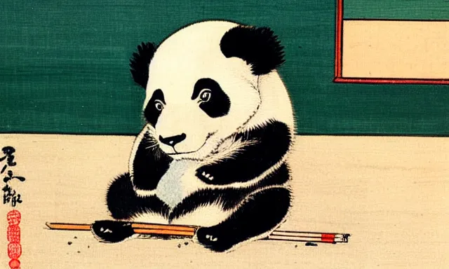 A generated image of a painting by Katsushika Hokusai of a panda
sitting in a primary school classroom