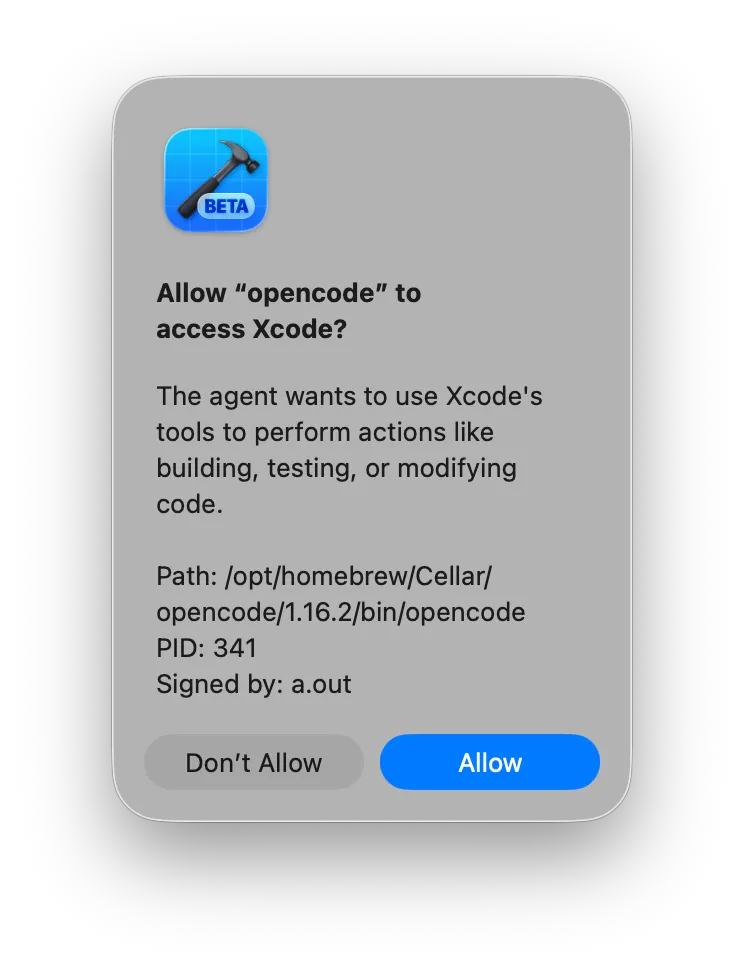 macOS permission dialog asking to allow opencode to access Xcode