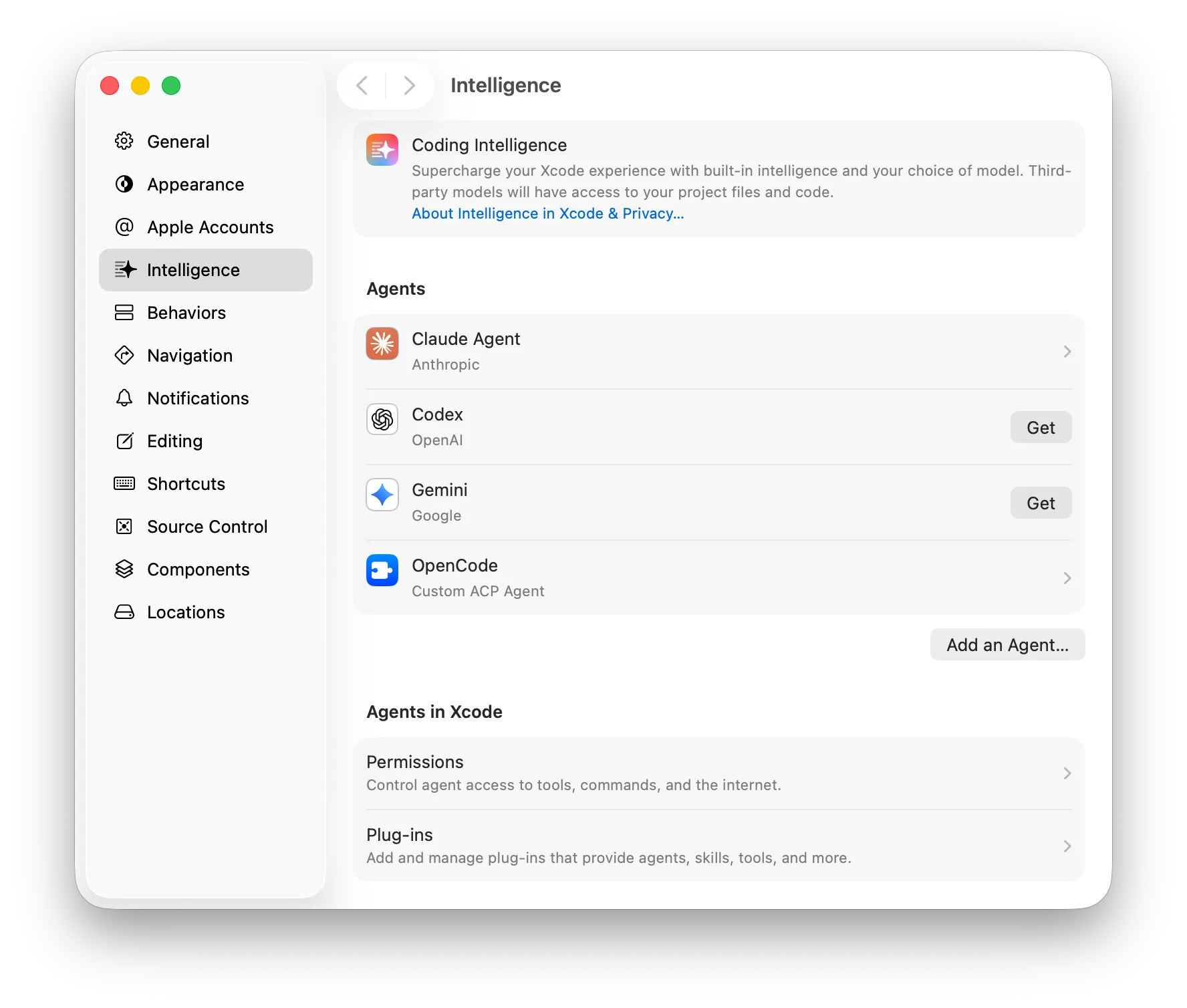 Xcode Intelligence settings showing the Agents list